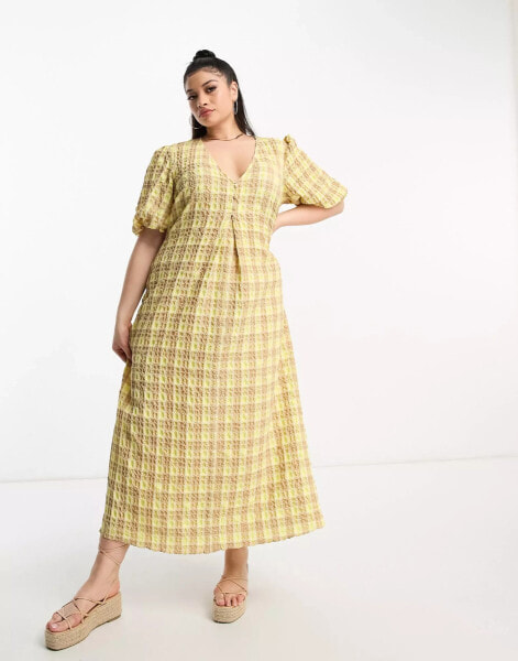 ASOS DESIGN Curve textured midi tea dress in yellow check