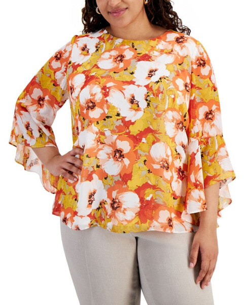 Plus Size Printed Ruffled 3/4-Sleeve Top