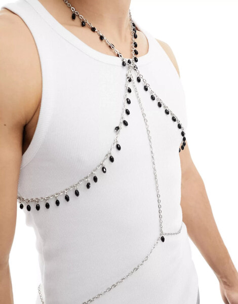 ASOS DESIGN chain body harness with black beads in silver tone