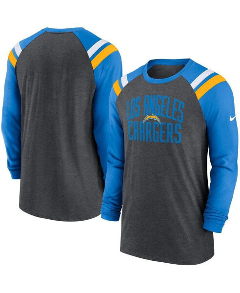 Men's Heathered Charcoal, Powder Blue Los Angeles Chargers Tri-Blend Raglan Athletic Long Sleeve Fashion T-shirt