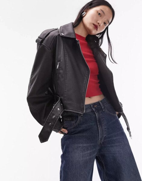 Topshop faux leather cropped biker jacket in washed black