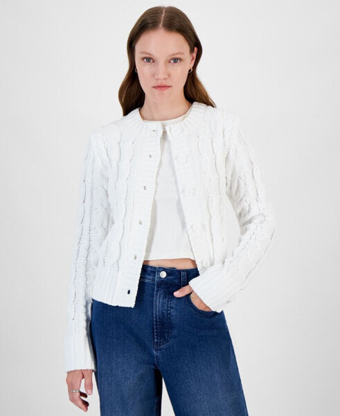 Juniors' Crewneck Chunky Cable-Knit Cardigan