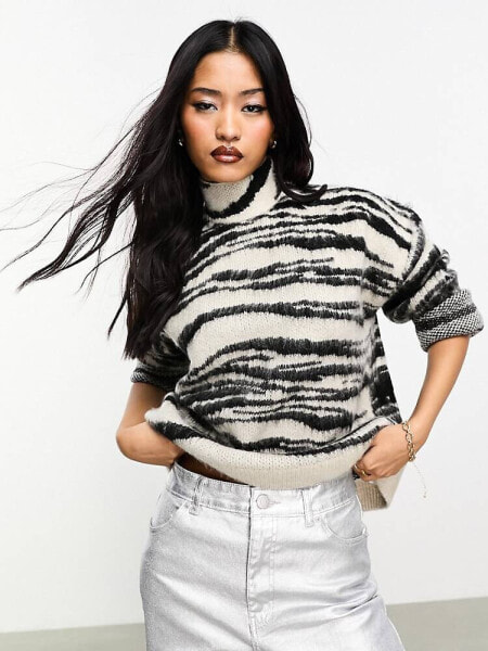 Only high neck soft jumper in black and white abstract stripe