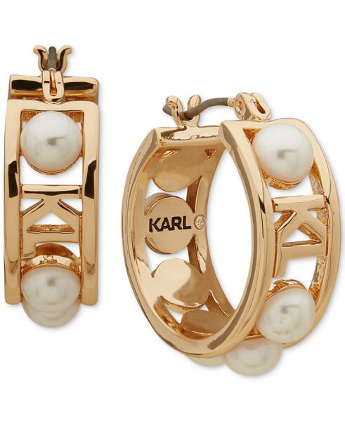 Women's Gold-Tone Imitation-Pearl Hoop Earrings, 3/4"