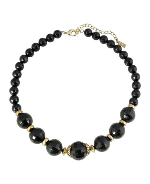 2028 gold-Tone Black Beaded Strandge 16" Adjustable Necklace