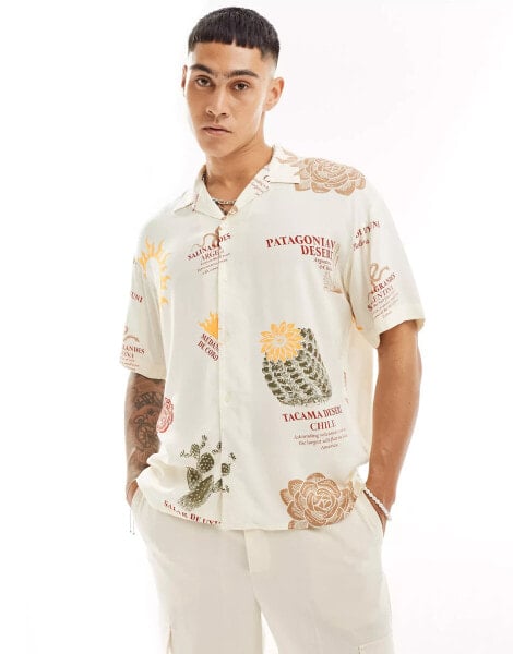 Jack & Jones oversized revere collar desert print shirt in ecru