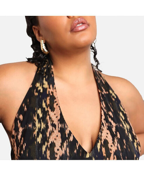 Plus Size Indie Abstract Print Halter Maxi Bodycon Dress