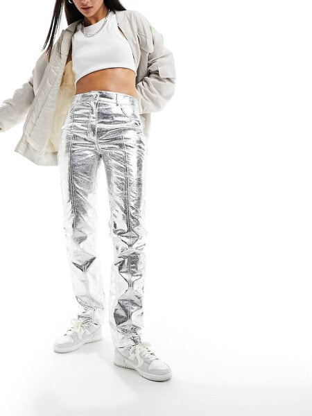 River Island metallic straight leg trouser in silver