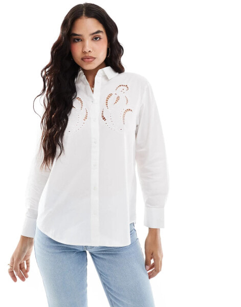 Stradivarius embroidery detail poplin shirt in white