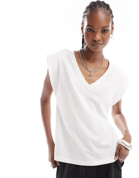 ONLY v neck padded shoulder t-shirt in white