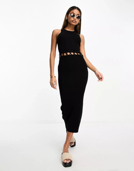 ASOS DESIGN knitted midi dress with cut out waist detail in black