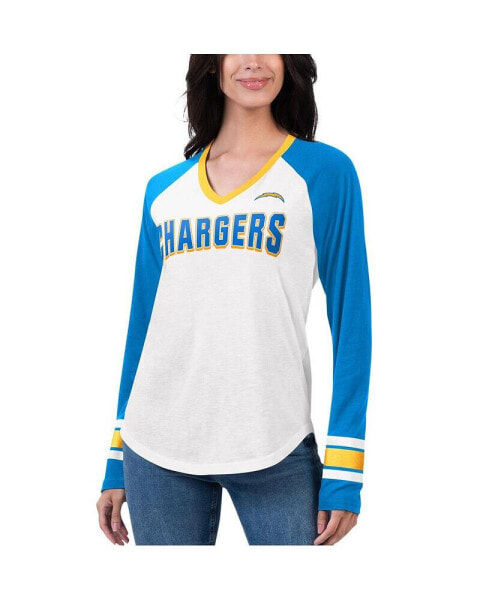 Women's White, Powder Blue Los Angeles Chargers Top Team Raglan V-Neck Long Sleeve T-shirt