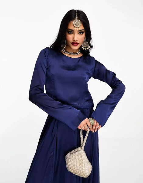 Kanya London Bridesmaid Lehenga long sleeve crop top in navy