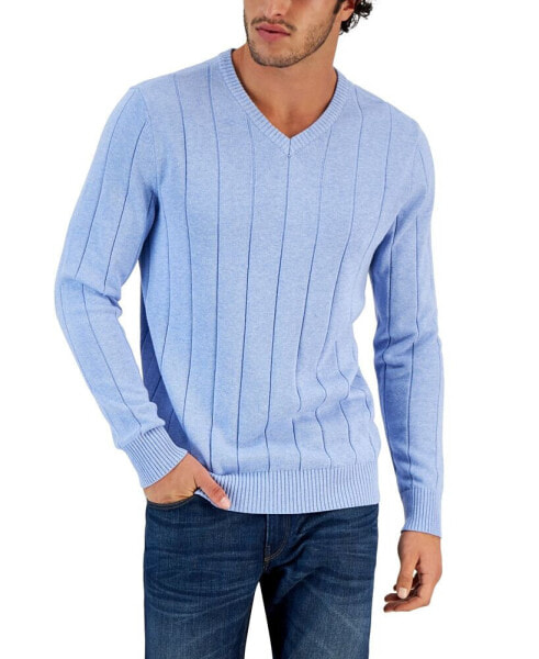 Men's Drop-Needle V-Neck Cotton Sweater, Created for Macy's
