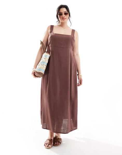 ASOS DESIGN Curve square neck tie back midi sundress in chocolate