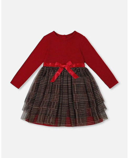 Toddler Girls Bi-Material Dress With Glittering Tulle Skirt Red Plaid - Toddler|Child