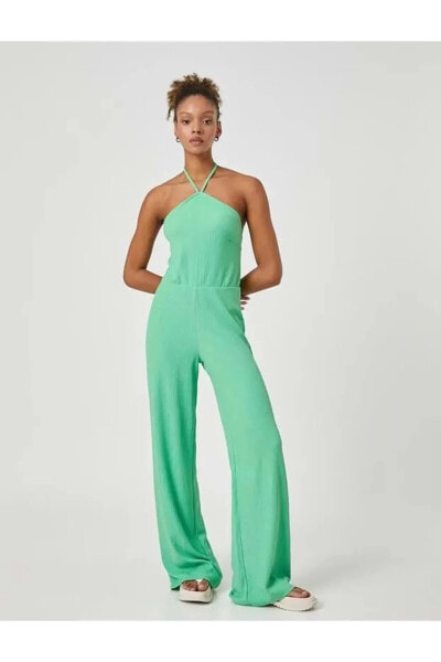 Kadın Giyim Halter Yaka Tulum Bol Paça 3SAL40001IK Yeşil Yeşil