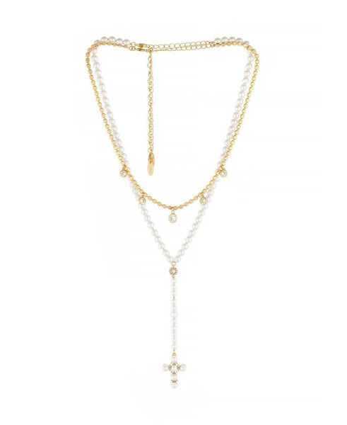 Imitation Pearl Cross Drop Lariat 18K Gold Plated Necklace Set, 2 Pieces