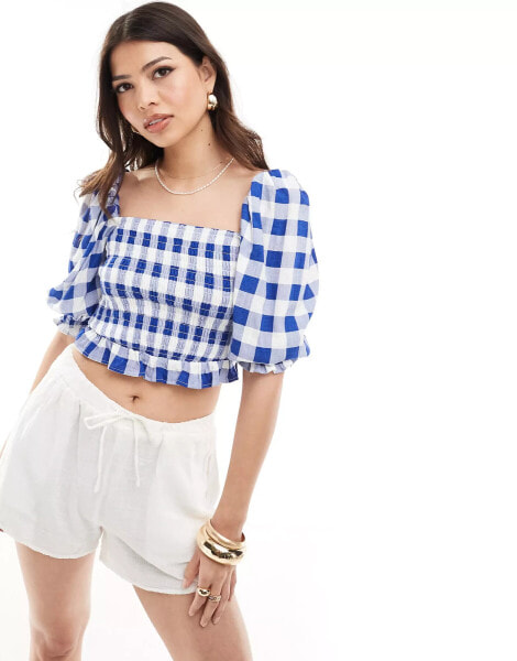 Stradivarius square neck top in blue gingham print