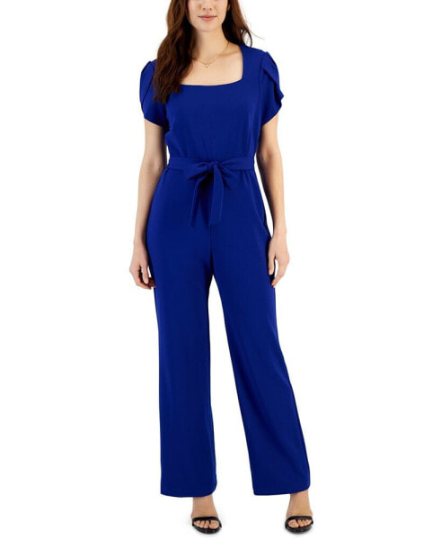 Women's Petal-Sleeve Tie-Waist Square-Neck Jumpsuit