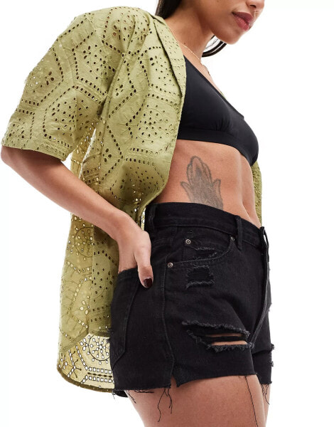 Pull&Bear high waisted ripped Mom denim shorts in black