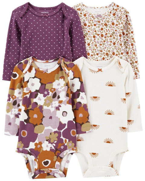 Baby 4-Pack Long-Sleeve Floral & Polka Dot Bodysuits 12M