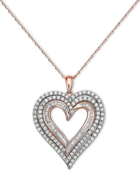 Macy's diamond Baguette & Round Multirow Heart Pendant Necklace (1 ct. t.w.) in 10k Rose Gold, 16" + 2" extender