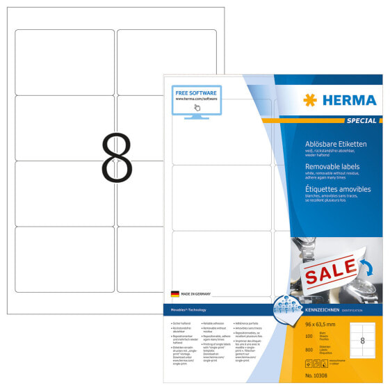 HERMA Removable labels A4 96x63.5 mm white Movables/removable paper matt 800 pcs. - White - Rounded rectangle - Removable - Paper - Matte - Laser/Inkjet
