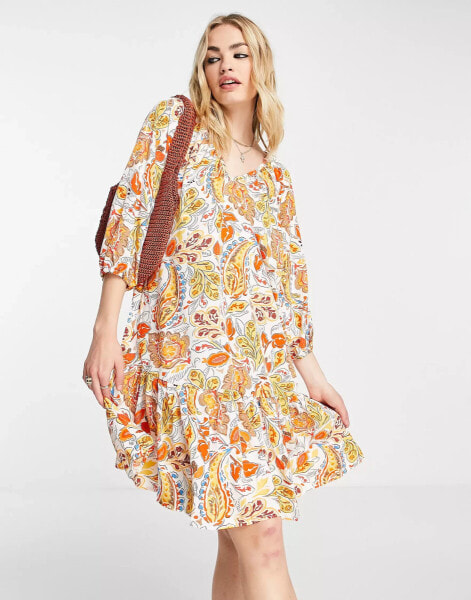 Vila mini smock dress in white and orange paisley print