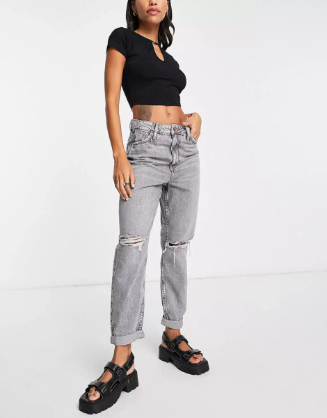 River Island mom high rise jean with rip detail in grey