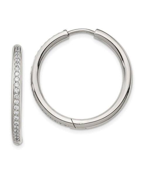 Stainless Steel Polished with CZ Hinged Hoop Earrings