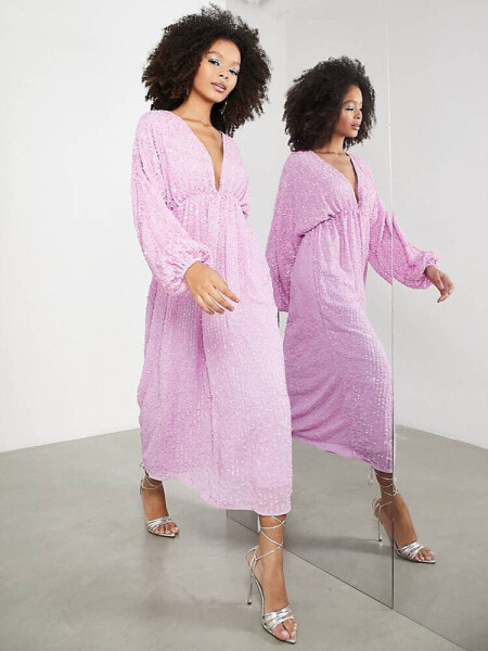 Платье ASOS EDITION – Украшенное платье-миди в розовом цвете с складками на талии