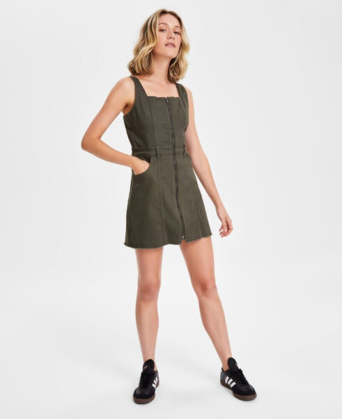 Juniors' Denim Zip-Front Pinafore Dress