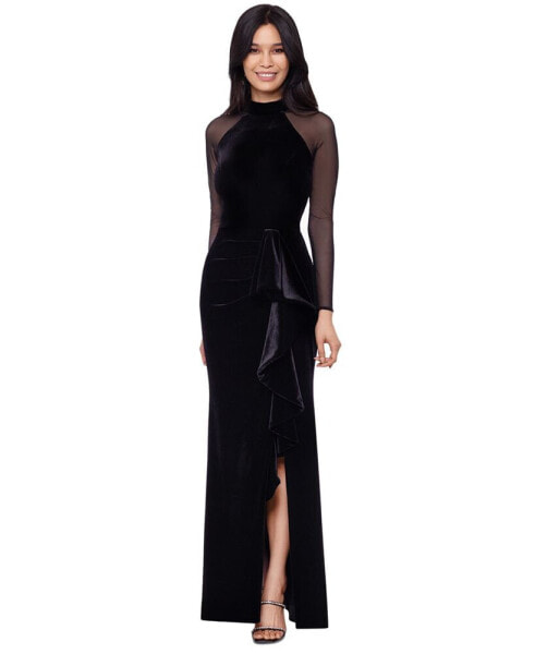 Petite Illusion-Sleeve Velvet Gown