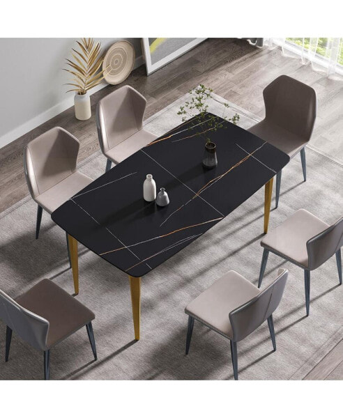 63" Modern Artificial Stone Black Curved Golden Metal Leg Dining Table -6 People