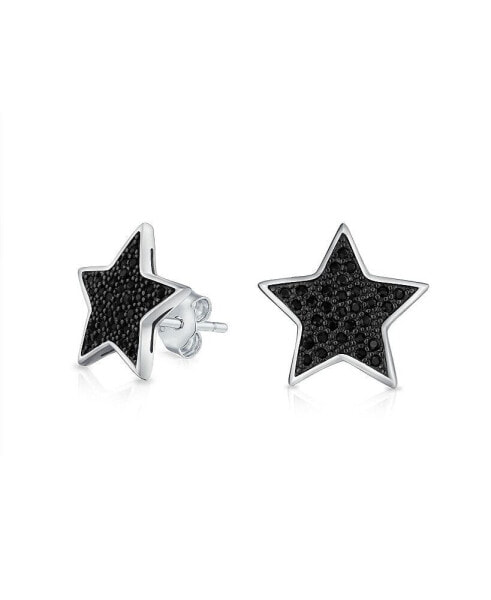 USA American Patriotic Rock Star Sparkling Cubic Zirconia Micro Pave Black CZ Celestial Star Stud Earrings For Women Black Sterling Silver