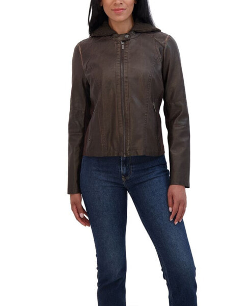 Women's Garment Dyed Faux Leather Zip Front Jacket With Detachable Sweater Knit Hood