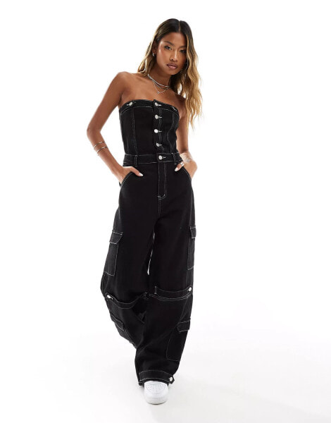 Liquor N Poker denim bandeau jumpsuit