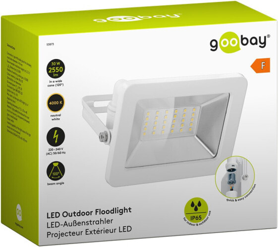 Goobay LED Outdoor Floodlight, 30 W, White, IP65, Aluminium, Glass, Metal, Plastic, 0.1 ms, 30 W, LED