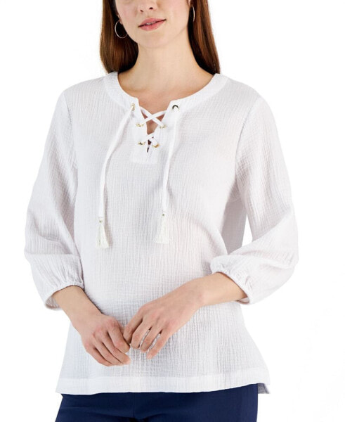 Women's Cotton Gauze Tasseled Lace-Up Top, Created for Macy's