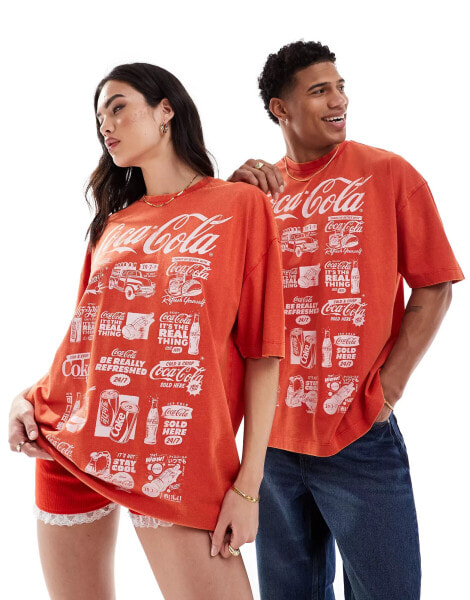 ASOS DESIGN unisex oversized license t-shirt with Coca-Cola graphic front print in washed red