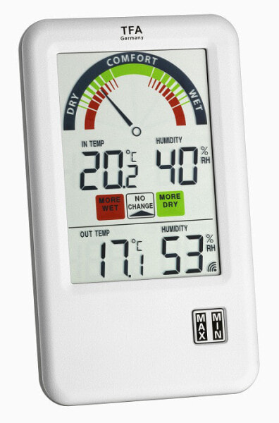 TFA 30.3045 - White - Indoor hygrometer,Indoor thermometer,Outdoor hygrometer,Outdoor thermometer - Hygrometer,Thermometer - Hygrometer,Thermometer - Plastic - 1 - 99%