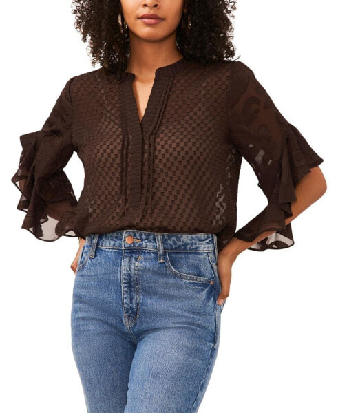 Women's Printed Pintuck Flutter 3/4-Sleeve Henley Blouse