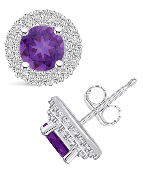 Amethyst (1-1/2 ct. t.w.) and Diamond (1/2 ct. t.w.) Halo Stud Earrings in 14K White Gold