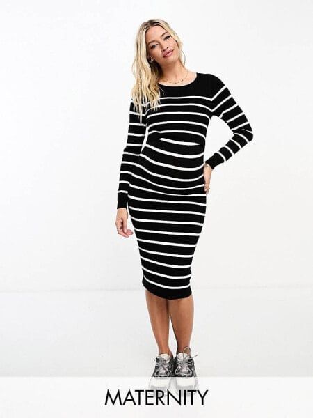 Mamalicious Maternity double layer midi dress in black and white stripe 