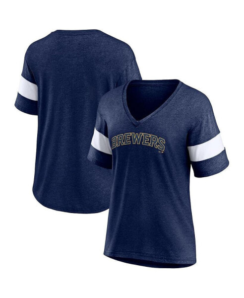Women's Heathered Navy Milwaukee Brewers Wordmark V-Neck Tri-Blend T-shirt