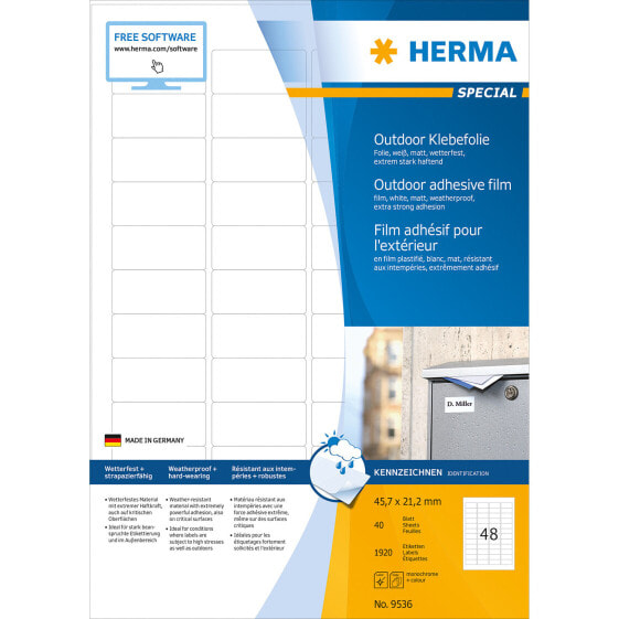 HERMA 9536 - White - Rectangle - A4 - Universal - Polyethylene - Matte