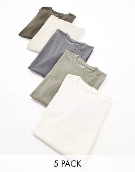 Abercrombie & Fitch 5 pack essential relaxed fit t-shirt in chacoal/olive greens/beige/white