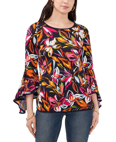 Petite Floral-Print Bell-Sleeve Piped Top