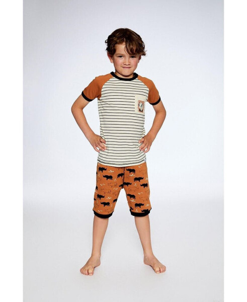 Boy Organic Cotton Two Piece Short Pajama Set Caramel Printed Rhinoceros - Toddler|Child